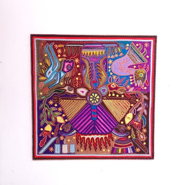 Phenomenal Huichol Indian Mexican Folk Art Yarn Painting By Justo Benitez PP5787