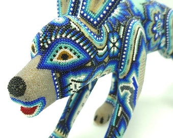 Mexican Folk Art Huichol Beaded Coyote by Isandro Villa Lopez PP5032