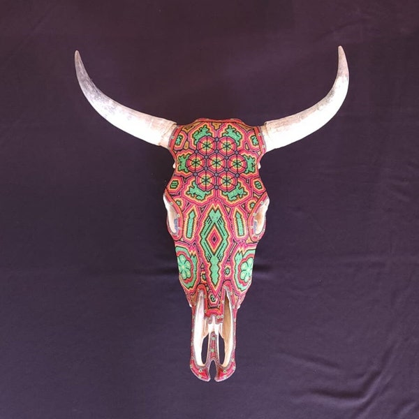 Huichol Beaded Bull Skull By Mayola Villa Lopez PP5833