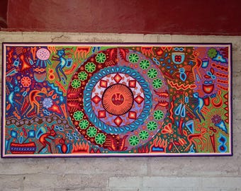 メキシコのウイチョル族の毛糸絵。壁飾りに使えるウイチョル族のアート