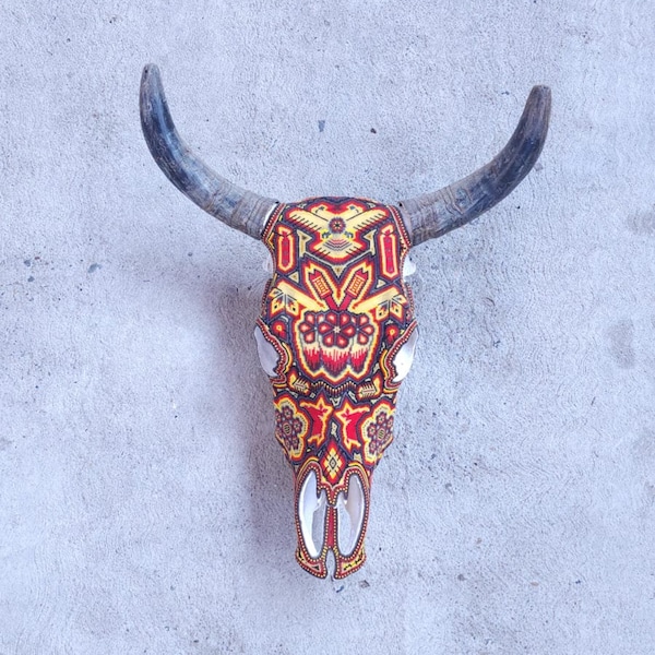 Hand Beaded Huichol Mexican Folk Art Bull Skull, By Isandro Villa Lopez. PP4681