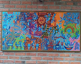 Mexikansk folkkonst Huichol garnmålning av Cooperativa Zitacua PP8825