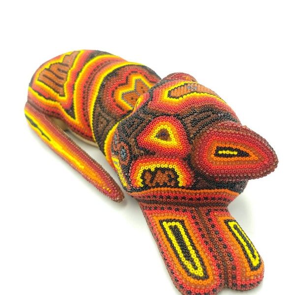 Huichol Hand Beaded Mexicaanse volkskunst kat door Mayola Villa Lopez pp4033