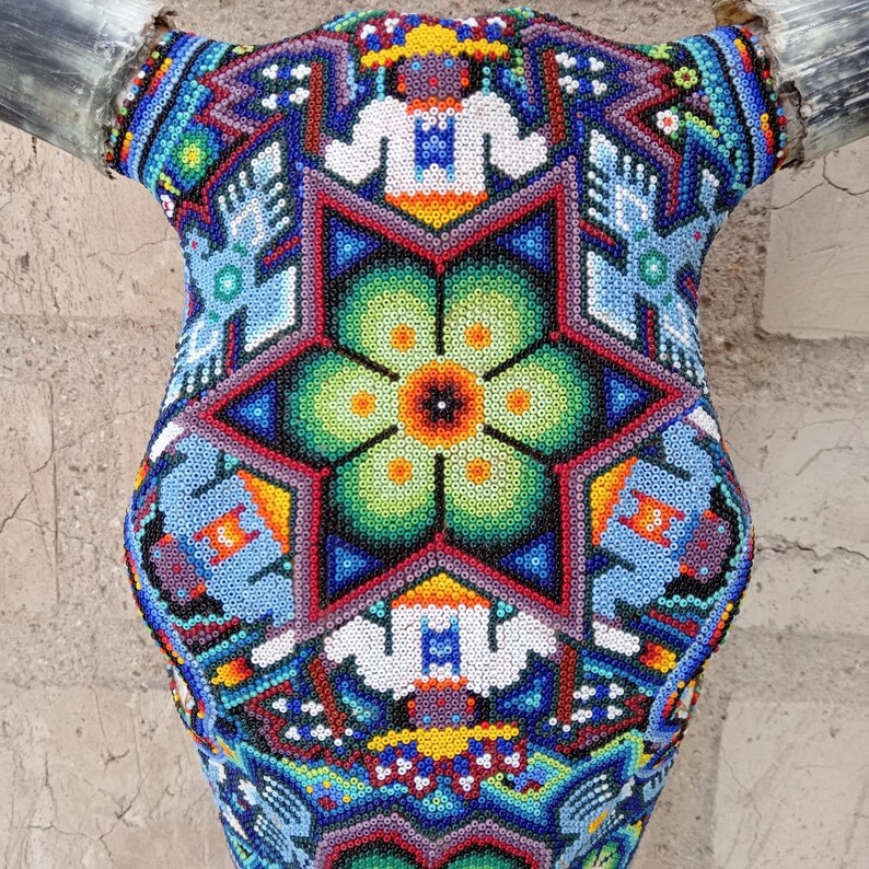 Exceptional Huichol Indian Hand Beaded Mexican Folk Art Authentic Bull Skull By Jose Manuel Ramirez PP6996 image 3