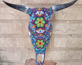 Exceptional Huichol Indian Hand Beaded Mexican Folk Art Authentic Bull Skull By Jose Manuel Ramirez  PP6996