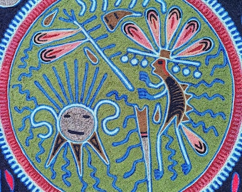 Huichol Indian Mexican Folk Art Yarn Painting By Silverio Gonzalez Rios PP7063