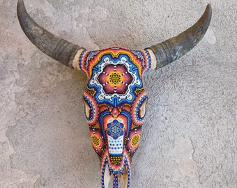 Outstanding Huichol Indian Hand Beaded Bull Skull By Santos Bautista PP7054