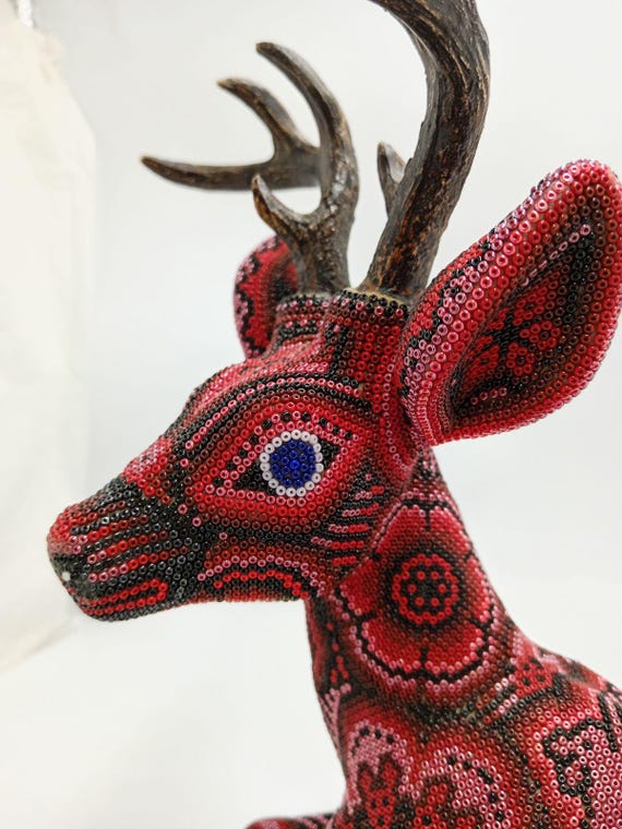 Hand Beaded Huichol Mexican Folk Art Deer by Florencio Lopez