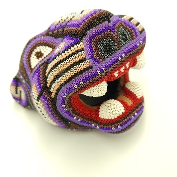 Huichol kralen Mexicaanse volkskunst Jaguar hoofd door Mayola Villa Lopez 4 "X 6" pp86385