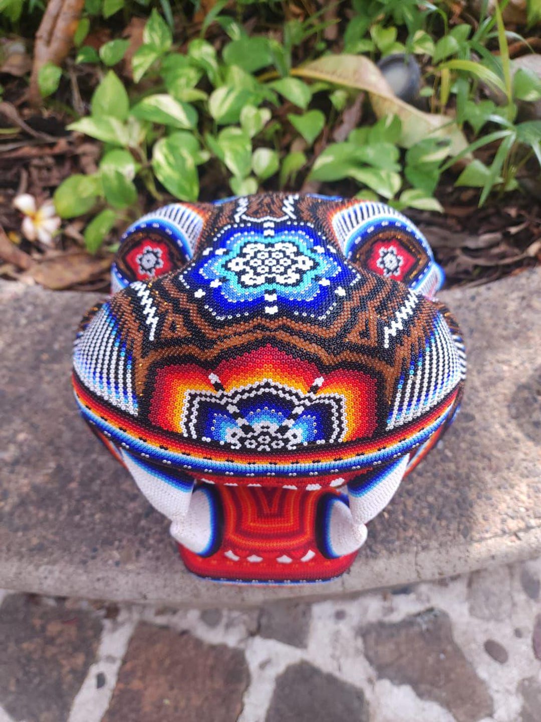 Mexican Huichol Hand Beaded Jaguar Head by Santos Bautista PP8634