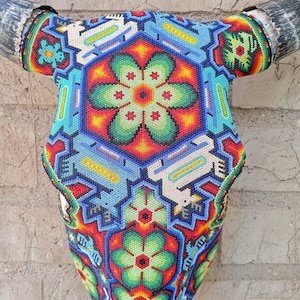 Exceptional Huichol Indian Hand Beaded Mexican Folk Art Authentic Bull Skull By Jose Manuel Ramirez PP6994 image 2
