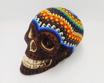 Huichol Mexican Folk Art Cast Resin Human Skull By Santos Bautista PP7039