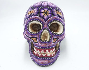 Gorgeous Huichol Hand Beaded Cast Resin Human Skull By Isandro Lopez PP6951