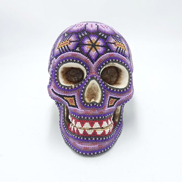 Gorgeous Huichol Hand Beaded Cast Resin Human Skull By Isandro Lopez PP6951