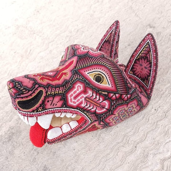 Wild Huichol Hand Beaded Mexican Folk Art Wolf Head By Isandro PP5320