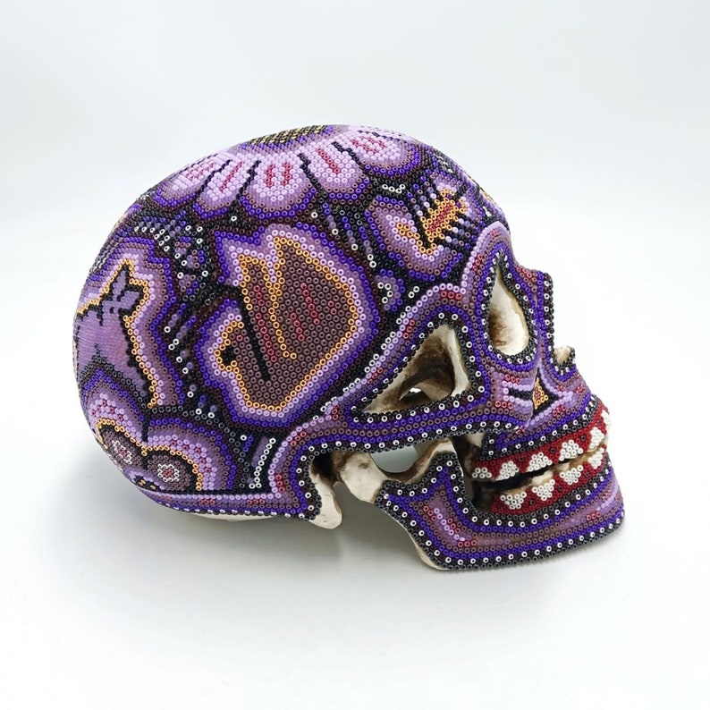 Gorgeous Huichol Hand Beaded Cast Resin Human Skull By Isandro Lopez PP6951 image 4