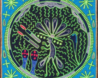 Huichol Indian Mexican Folk Art Yarn Painting By Silverio Gonzalez Rios PP7067