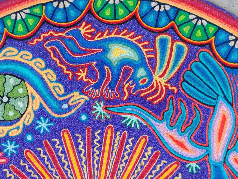 Huichol Mexican Folk Art Yarn Painting by Eliseo Castro pp4205 image 4