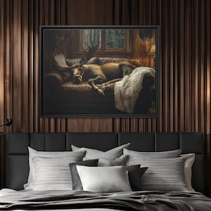 Napping Moose in Cabin Art Print | Nature Wall Décor | Rustic Cabin, Wildlife Gift, Lodge Wall Art, Outdoor Enthusiast Décor, Moose Wall Art