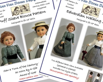 COMBO PDF Patterns for Edwardian Walking Skirt and Puff Sleeve Blouse Designed to fit 18 inch dolls