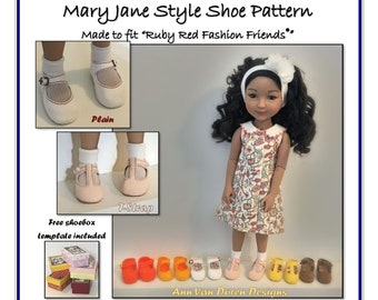 May include: A digital download pattern for making Mary Jane style shoes for dolls. The pattern is designed for thin leather, vinyl, felt or ultra suede. The pattern includes two styles: plain and T-strap. The pattern is made to fit "Ruby Red Fashion Friends" dolls. The pattern includes a free shoebox template.