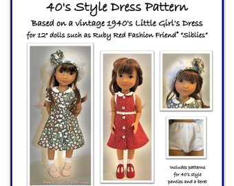 Forties Style Doll Dress Pattern for 12" dolls such as Ruby Red Fashion Friends® "Siblies"