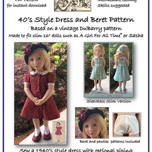 PDF Pattern for 40&#39;s style Dress Designed to fit slim 16 inch dolls such as A Girl For All Time® or Sasha