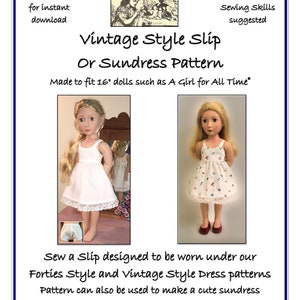 PDF Schnittmuster für Vintage Style Slip oder Sommerkleid Passend für 16 Zoll Puppen wie A Girl for All Time®