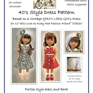 May include: A printable PDF pattern for a 40's style dress for 12-inch dolls. The pattern includes a choice of sleeve and collar styles, as well as a beret and panties. The pattern is based on a vintage 1940's little girl's dress.