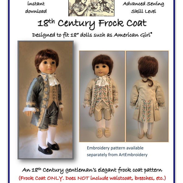 18th Century Gentleman's Frock Coat pattern made to fit 18" dolls