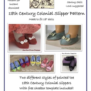 Puede incluir: Un patrón de descarga digital para zapatillas coloniales del siglo XVIII para muñecas de 45 cm. El patrón incluye dos estilos diferentes de zapatillas de punta y una plantilla de caja de zapatos gratuita. El patrón es para un nivel de habilidad de costura intermedio.