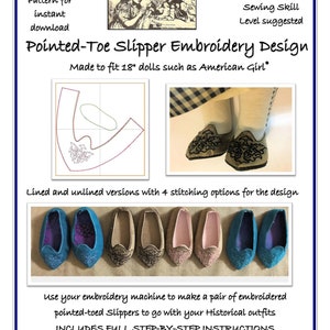 Embroidery Design for a Pointed Toe Slipper to fit 18" dolls such as American Girl®.