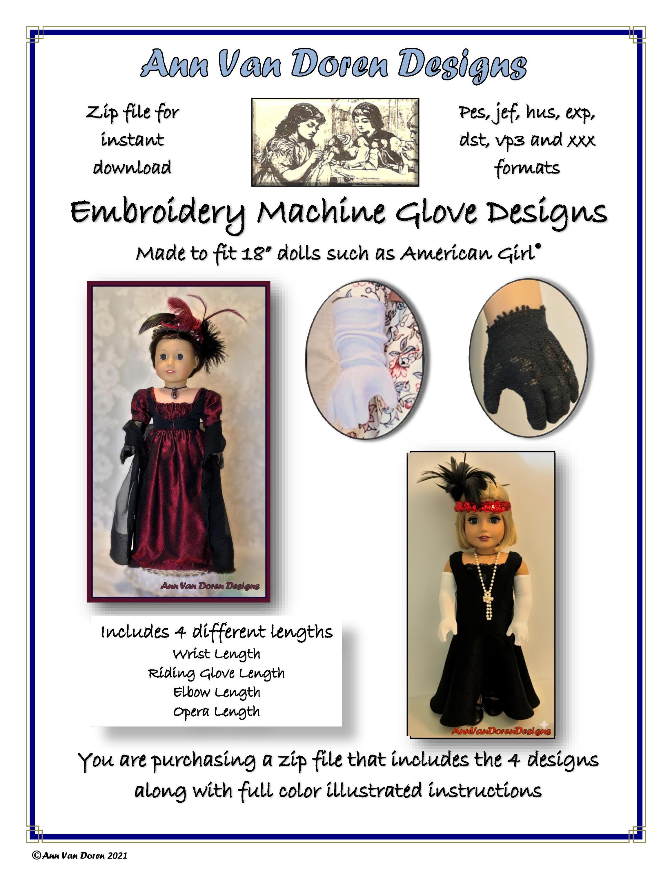 Design de bordado à máquina para luvas para bonecas de 18"