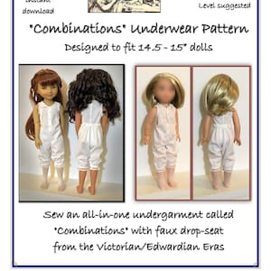 Może przedstawiać: Wzór PDF do szycia bielizny "Combinations" dla lalek o wysokości 14,5-15 cali. Wzór jest przeznaczony dla osób o średnim poziomie umiejętności szycia. Na zdjęciu widać trzy lalki w bieliźnie, która jest białym, jednoczęściowym kompletem bielizny z fałszywym opuszczanym siedziskiem.