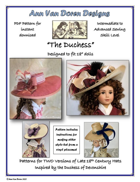 PDF Pattern - The DUCHESS - Gainsborough Style Hat designed to fit 18" dolls