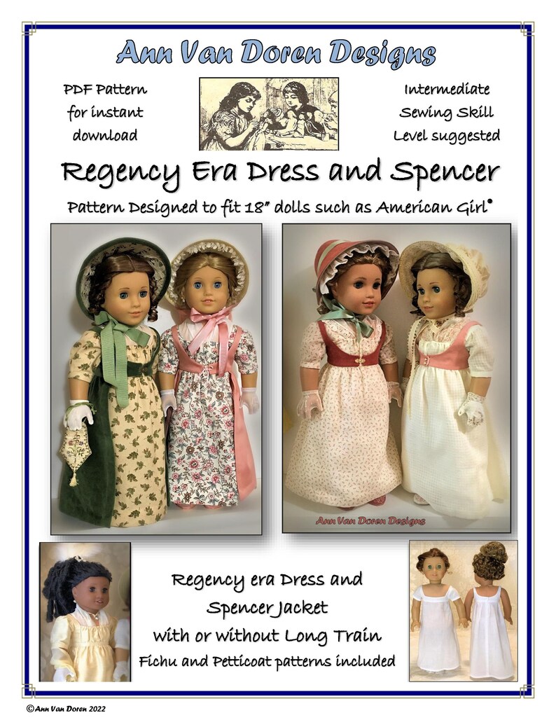Regency Era Outfit PDF pattern designed to fit 18 dolls image 1