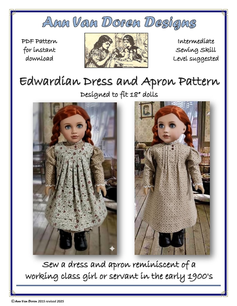 Padrão em PDF para vestido e avental da era eduardiana Projetado para caber em bonecas de 18 polegadas imagem 1