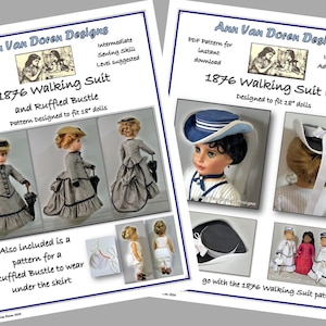 Puede incluir: Dos patrones PDF imprimibles para muñecas de 46 cm. El primer patrón es para un traje de paseo y un corpiño con volantes de 1876. El segundo patrón es para un sombrero de traje de paseo de 1876. Ambos patrones están diseñados por Ann Van Doren Designs.
