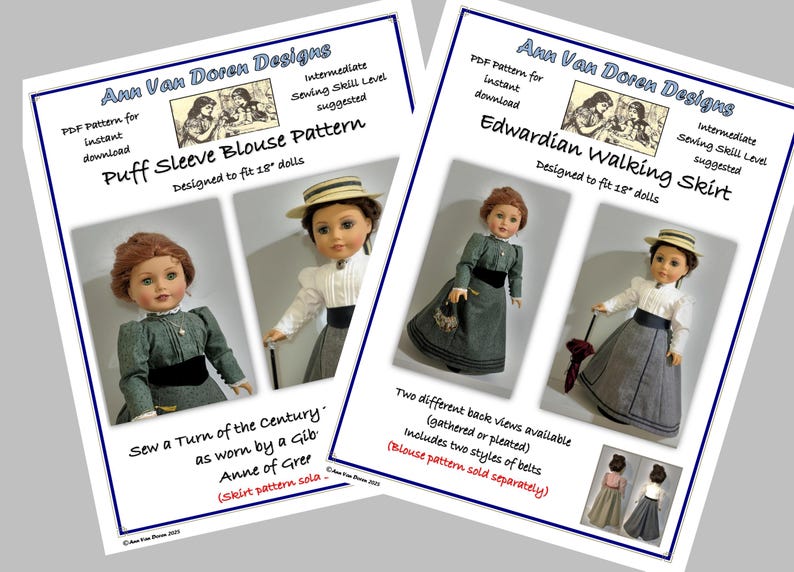 COMBO PDF Patterns for Edwardian Walking Skirt and Puff Sleeve Blouse Designed to fit 18 inch dolls image 1