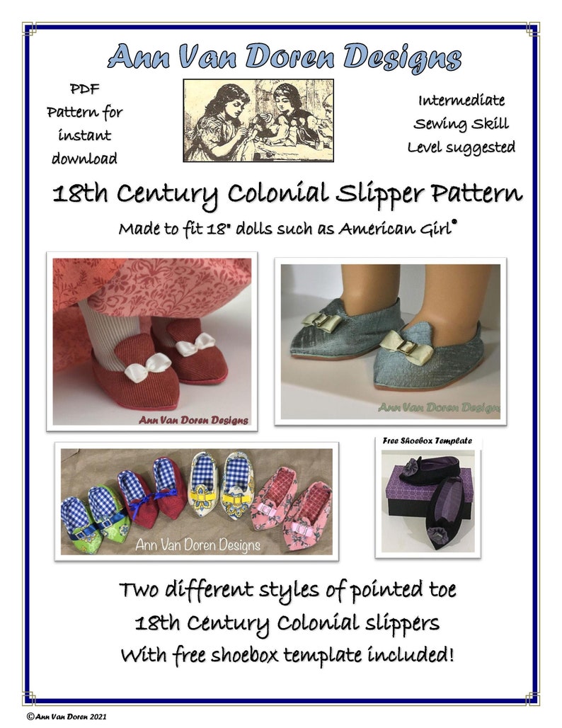 18th Century Colonial slipper pattern made to fit 18 dolls image 1