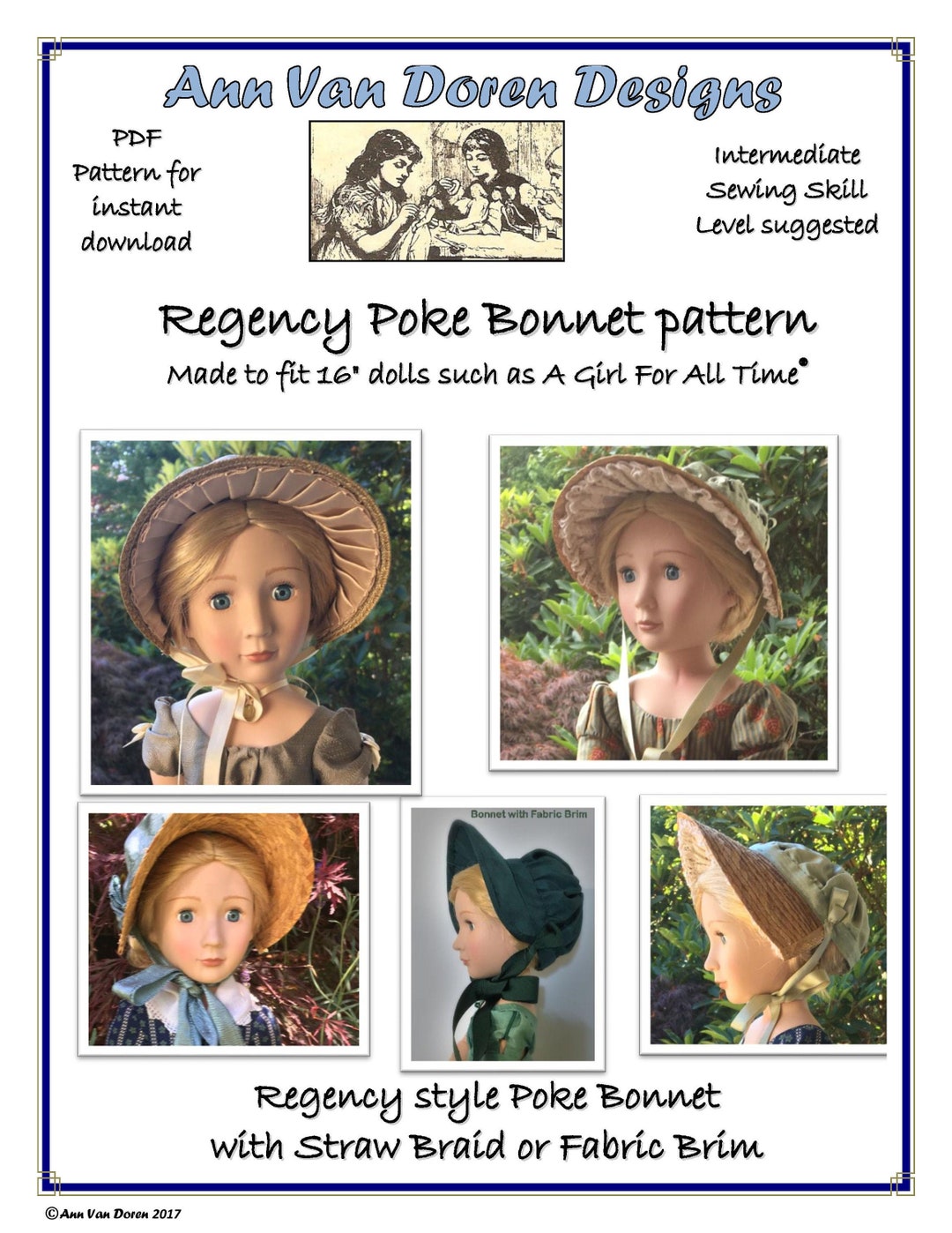 PDF Pattern for a Regency Style Poke Bonnet Designed to Fit 16