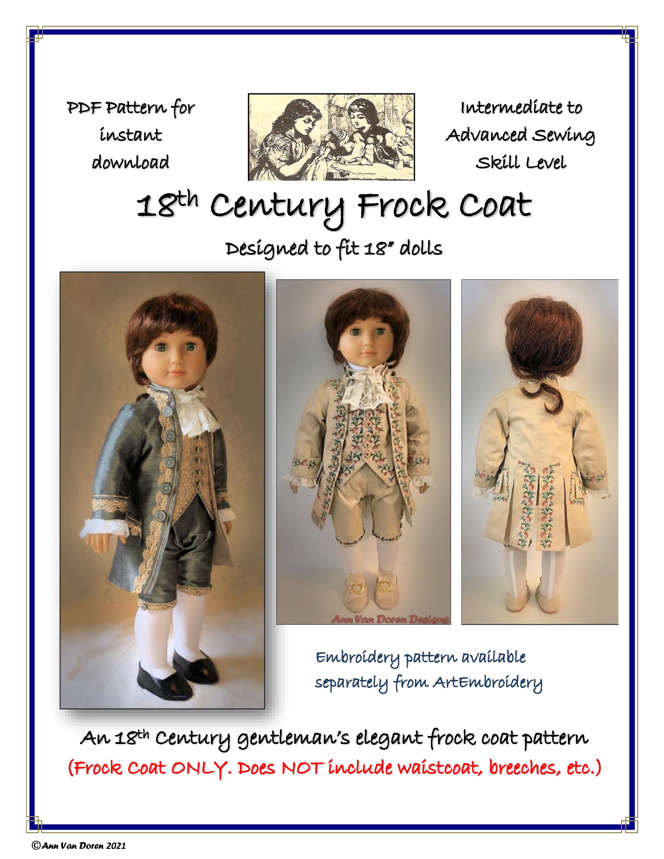 18インチの人形に合うようにデザインされた18世紀の紳士用フロック
