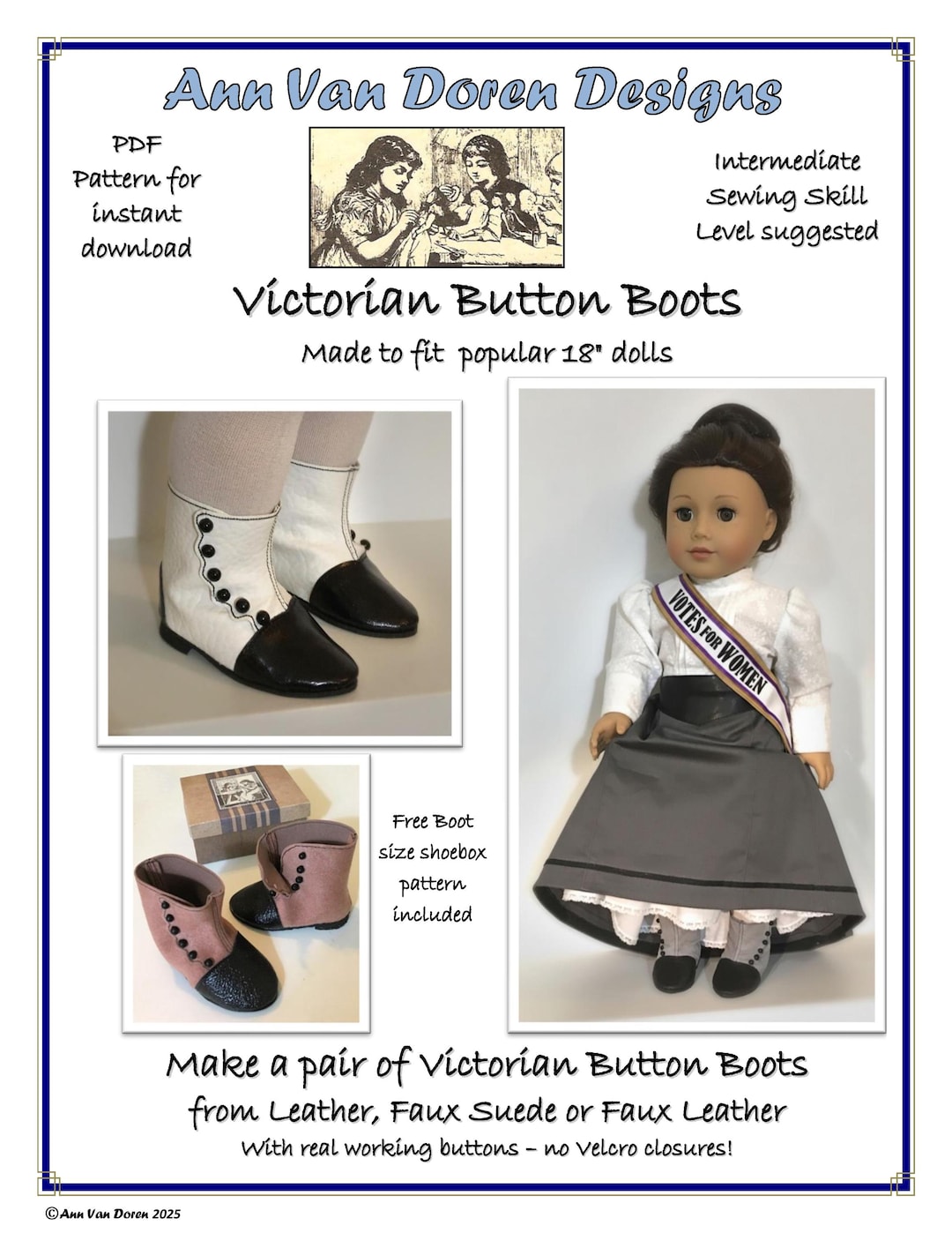 Victorian Boot Pattern PDF Pattern for Victorian Era Button Boots Made to Fit 18