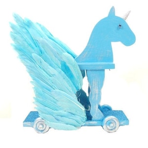 Big Wooden Turquoise Unicorn Pegasus Pull Toy Unique Unicorn Gift Blue Silver Unicorn OOAK Pegasus Horse Fantasy Mythical Creature image 1