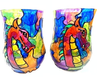 2 Stained Glass Dragon Candle Holders Hand Painted Dragons Glass Dragon Candle Light Dragon Lights Dragon Lamps Unique Dragon Gift