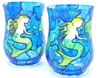 2 Glas-in-lood zeemeerminnen Blauwe Groene Zeemeermin Kaarshouders Hand Geschilderd Zeemeermin Glas Mermaid Candle Light