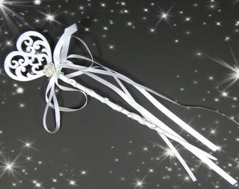 15.2 Inch White Silver Flower Girl Wand Love Wand Heart Wand Fairy Godmother Wand Magic Wand Wizard Witch Fairy Wicca Wand Godmother Gift