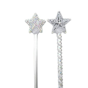May include: Two silver glitter star wands. One wand has a star with iridescent glitter and the other has a star with a more intricate design.