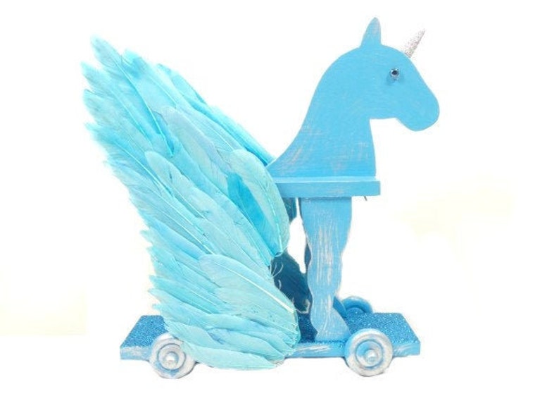 Big Wooden Turquoise Unicorn Pegasus Pull Toy Unique Unicorn Gift Blue Silver Unicorn OOAK Pegasus Horse Fantasy Mythical Creature image 1