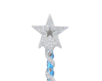 May include: A silver glitter star-shaped wand with a blue and silver glitter spiral handle.